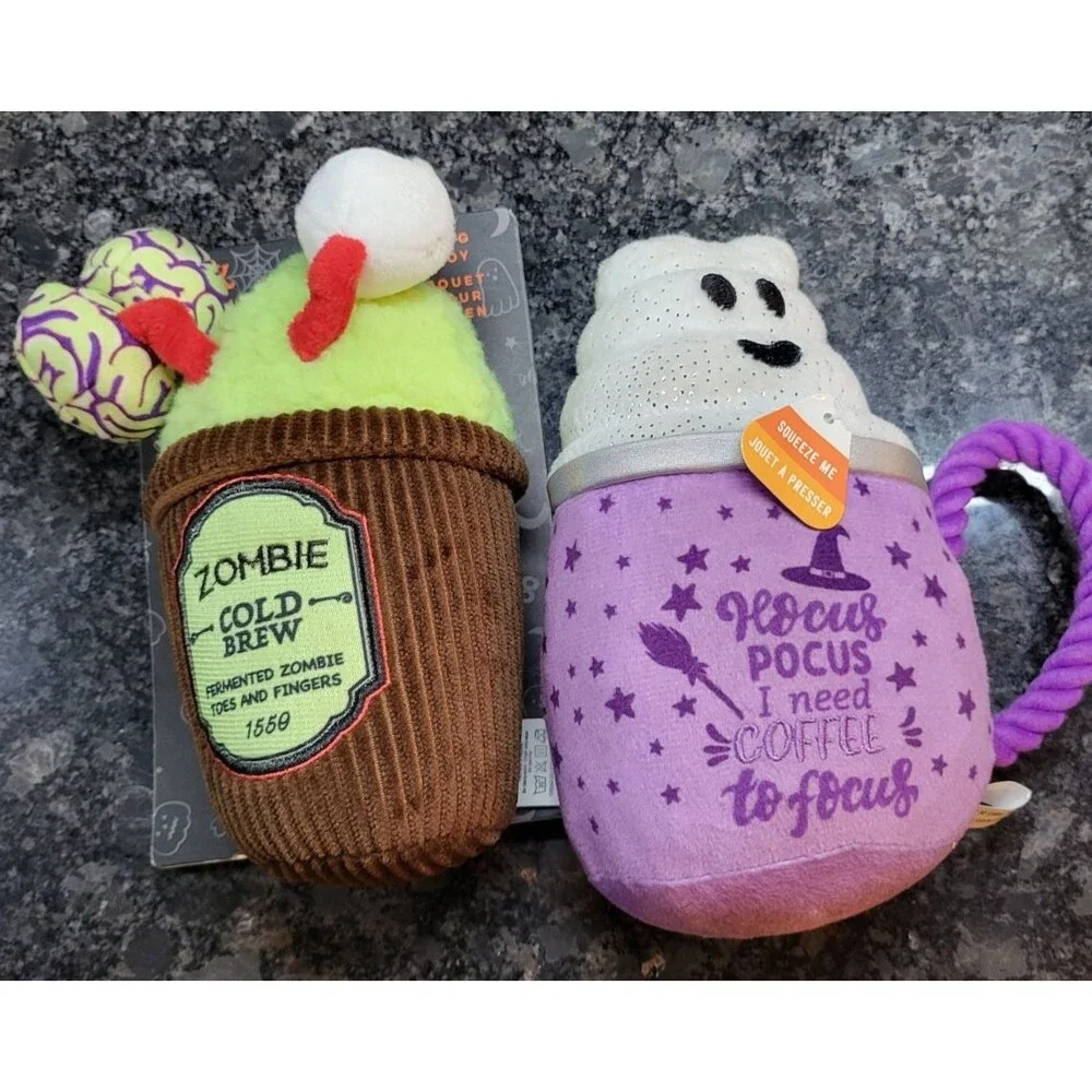2 NIP Squeaky Coffee-Theme Dog Toys Lick or Treat Zombie Cold Brew, Need Coffee